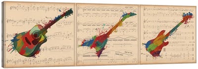 Multi-Color Guitar Trio: Acoustic Guitar, Electric Guitar, Bass Guitar Panoramic Canvas Art Print - Musical Notes Art