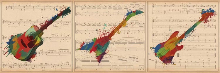 Multi-Color Guitar Trio: Acoustic Guitar, Electric Guitar, Bass Guitar Panoramic by Unknown Artist wall art