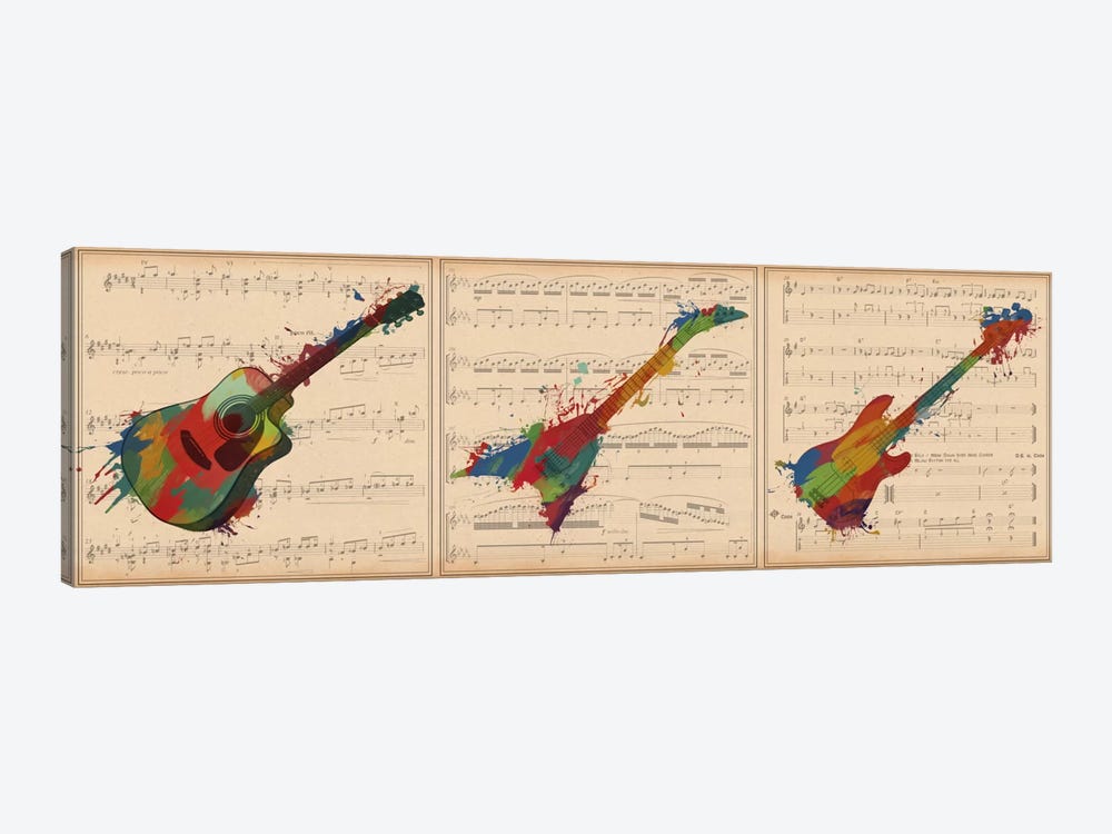 Multi-Color Guitar Trio: Acoustic Guitar, Electric Guitar, Bass Guitar Panoramic by Unknown Artist 1-piece Canvas Art Print