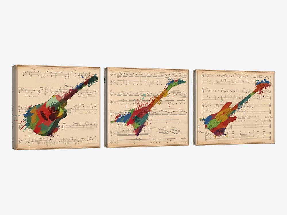 Multi-Color Guitar Trio: Acoustic Guitar, Electric Guitar, Bass Guitar Panoramic by Unknown Artist 3-piece Canvas Art Print