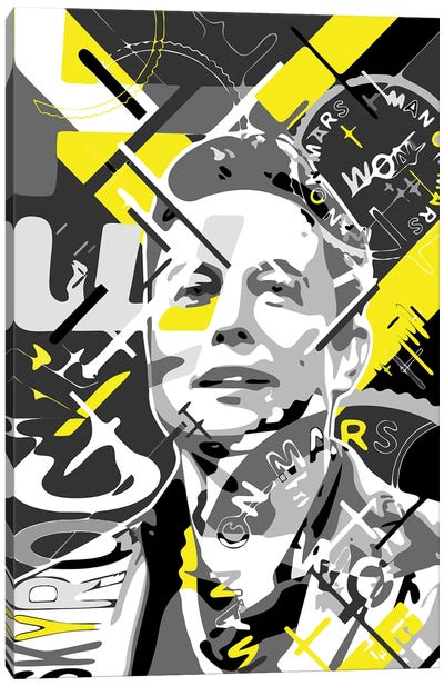 Elon Skyrocket Canvas Art Print - Black, White & Yellow Art