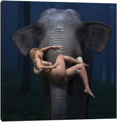 Elephant Carries A Young Woman Canvas Art Print - Mike Kiev