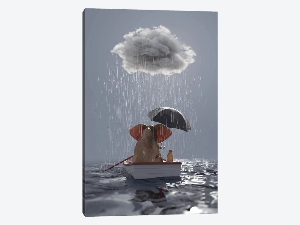 An Elephant And A Dog Float In A Boat In The Rain by Mike Kiev 1-piece Canvas Art