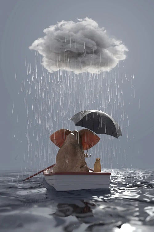 An Elephant And A Dog Float In A Boat In The Rain by Mike Kiev wall art
