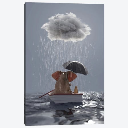 An Elephant And A Dog Float In A Boat In The Rain Canvas Print #MII103} by Mike Kiev Canvas Art Print