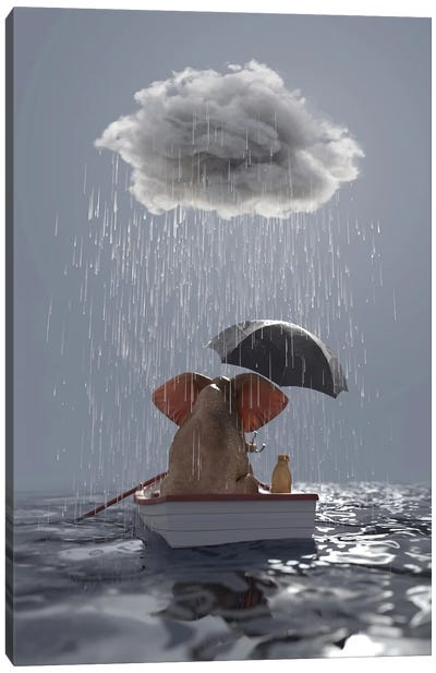 An Elephant And A Dog Float In A Boat In The Rain Canvas Art Print - Rowboat Art