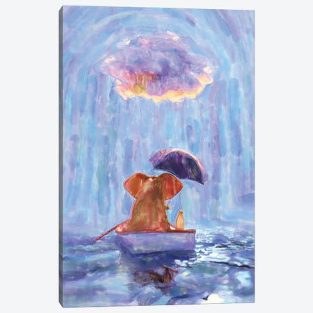 An Elephant And A Dog Float In A Boat In The Rain I Canvas Print #MII112} by Mike Kiev Canvas Artwork