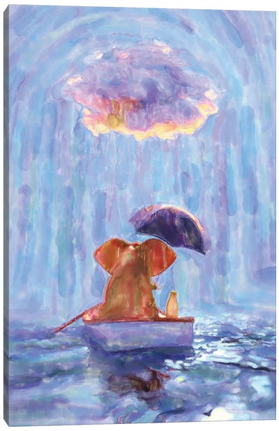 An Elephant And A Dog Float In A Boat In The Rain I Canvas Art Print - Artists From Ukraine