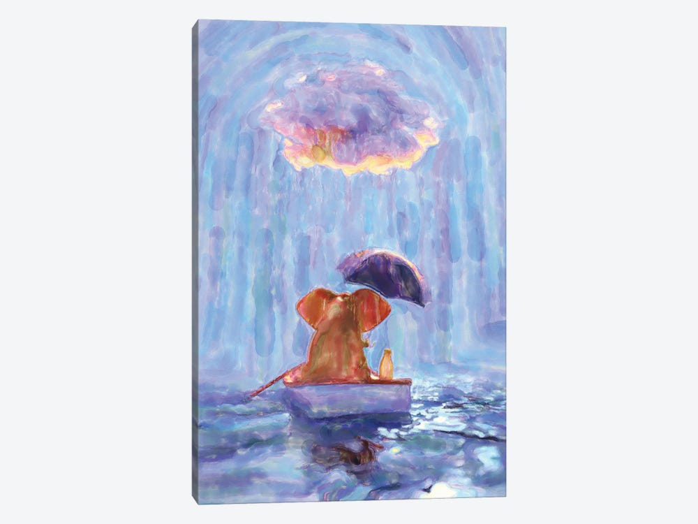 An Elephant And A Dog Float In A Boat In The Rain I by Mike Kiev 1-piece Canvas Art