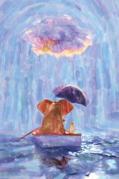 Mike Kiev: An Elephant And A Dog Float In A Boat In The Rain I by Mike Kiev