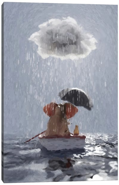 An Elephant And A Dog Float In A Boat In The Rain III Canvas Art Print - Weather Art