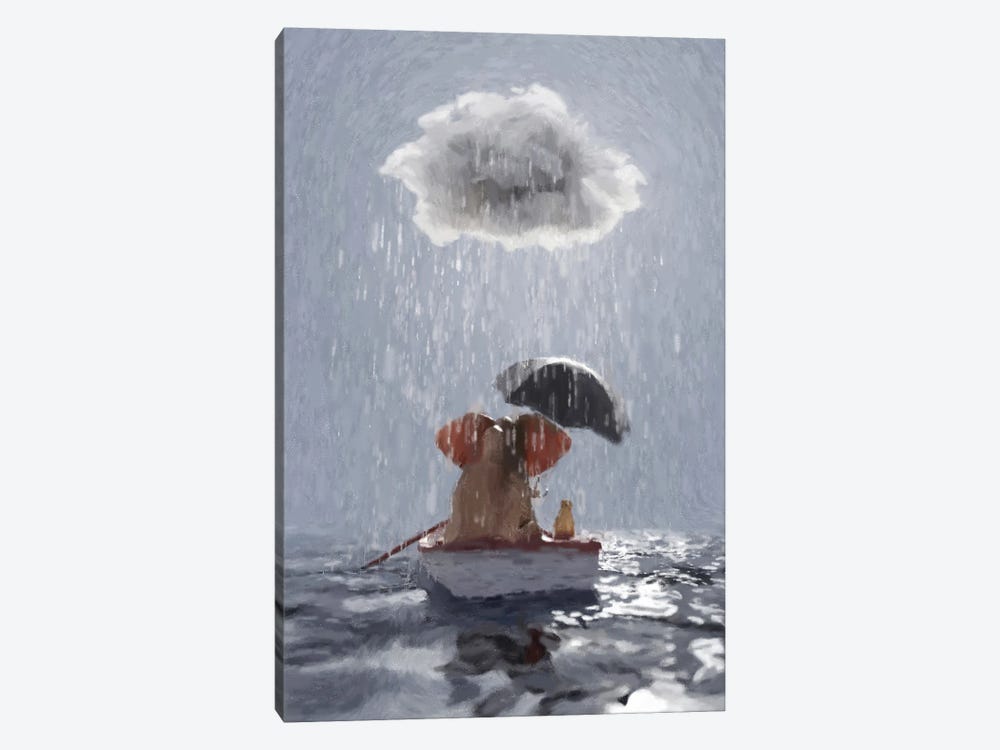 An Elephant And A Dog Float In A Boat In The Rain III by Mike Kiev 1-piece Canvas Art