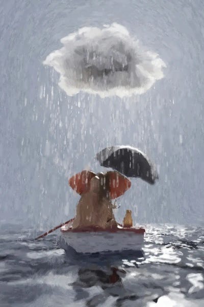 Mike Kiev: An Elephant And A Dog Float In A Boat In The Rain III by Mike Kiev