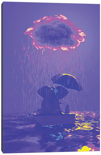 An Elephant And A Dog Float In A Boat In The Rain IV Canvas Art Print - Mike Kiev