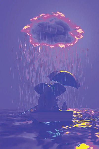 Mike Kiev: An Elephant And A Dog Float In A Boat In The Rain IV by Mike Kiev