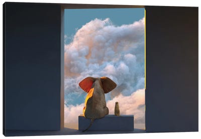 Elephant And Dog Look Through The Door At The Clouds Canvas Art Print - Mike Kiev