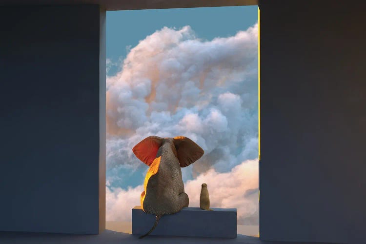 Elephant And Dog Look Through The Door At The Clouds