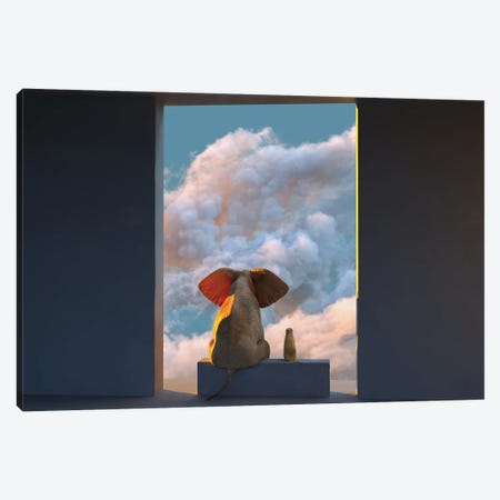 Elephant And Dog Look Through The Door At The Clouds Canvas Print #MII118} by Mike Kiev Canvas Wall Art