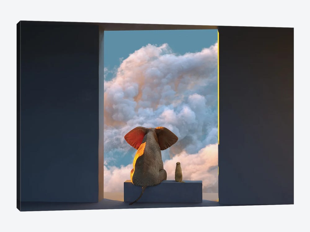 Elephant And Dog Look Through The Door At The Clouds by Mike Kiev 1-piece Canvas Artwork
