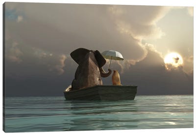 Elephant And Dog Are Floating In A Boat Canvas Art Print - Best Selling Scenic Art