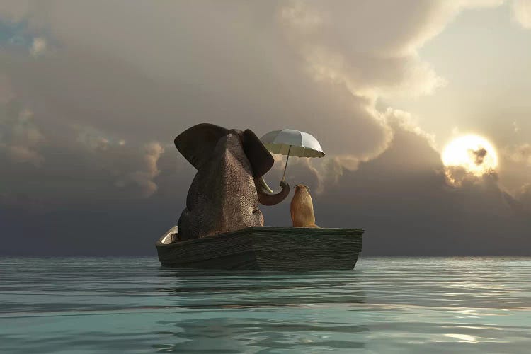 Elephant And Dog Are Floating In A Boat by Mike Kiev wall art