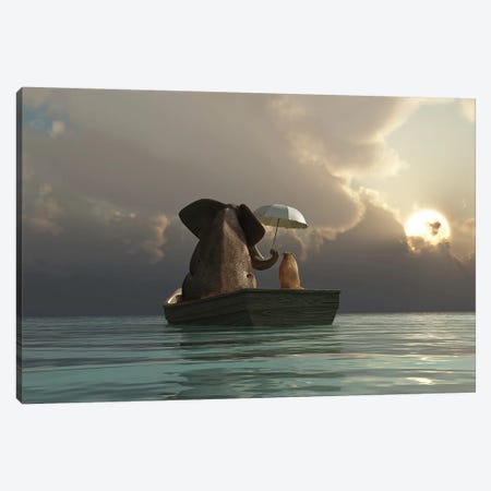 Elephant And Dog Are Floating In A Boat Canvas Print #MII11} by Mike Kiev Canvas Artwork
