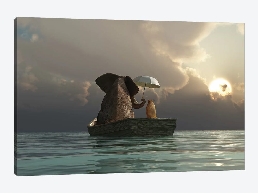 Elephant And Dog Are Floating In A Boat by Mike Kiev 1-piece Canvas Artwork