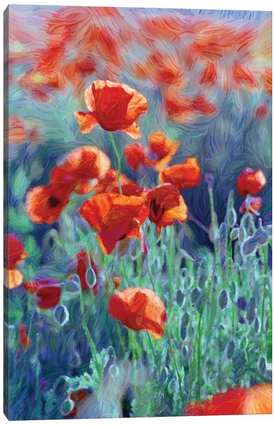 Field Of Red Poppies, Digital Painting Canvas Art Print - Mike Kiev