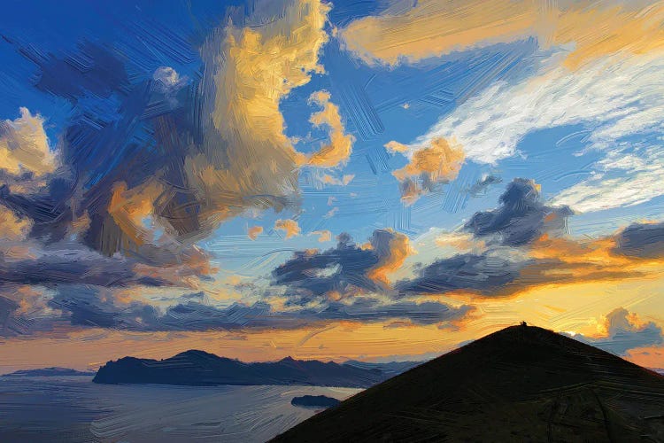 Clouds Over Mountains And Sea At Sunset, Digital Painting