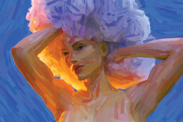 Mike Kiev: Young Woman With A Lush Curly Hairstyle, Digital Painting by Mike Kiev