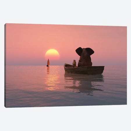 Elephant And Dog Are Floating In A Boat At Sunset Canvas Print #MII12} by Mike Kiev Canvas Wall Art