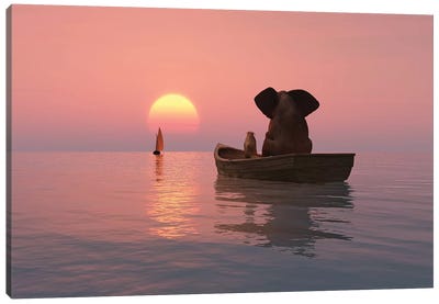 Elephant And Dog Are Floating In A Boat At Sunset Canvas Art Print