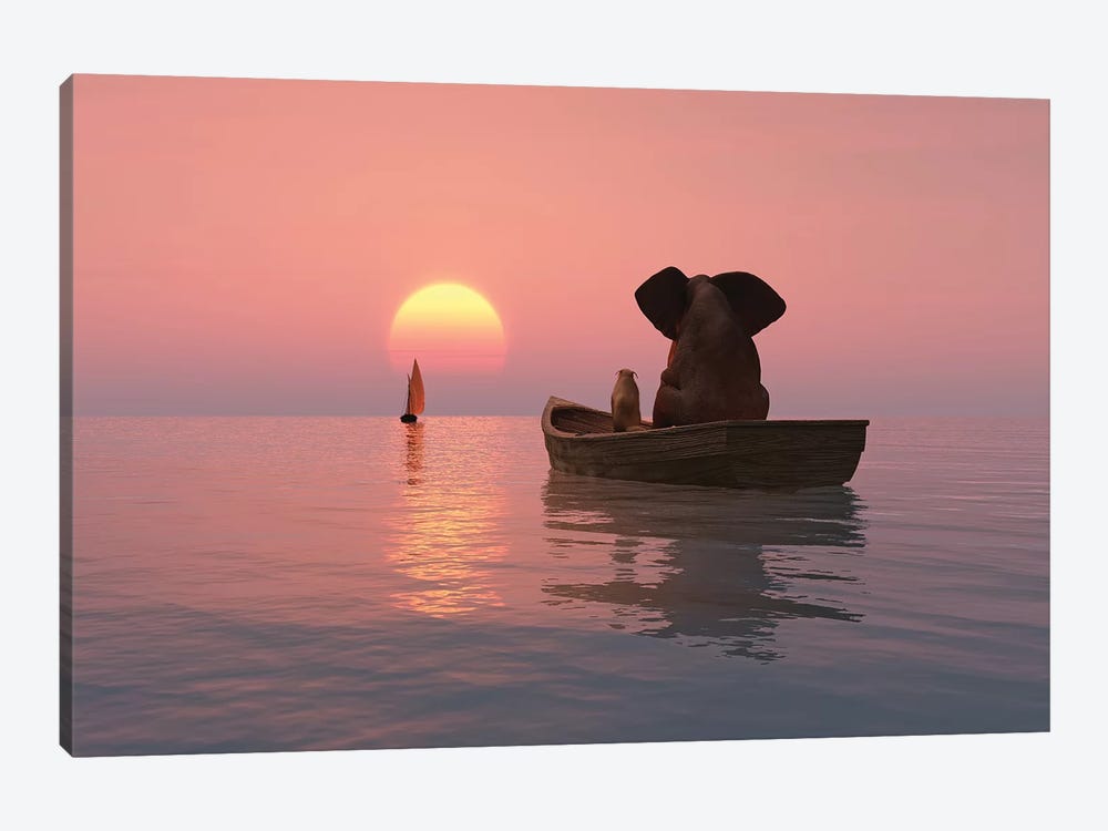 Elephant And Dog Are Floating In A Boat At Sunset by Mike Kiev 1-piece Art Print