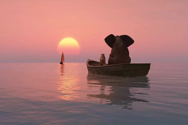 Elephants: Elephant And Dog Are Floating In A Boat At Sunset by Mike Kiev