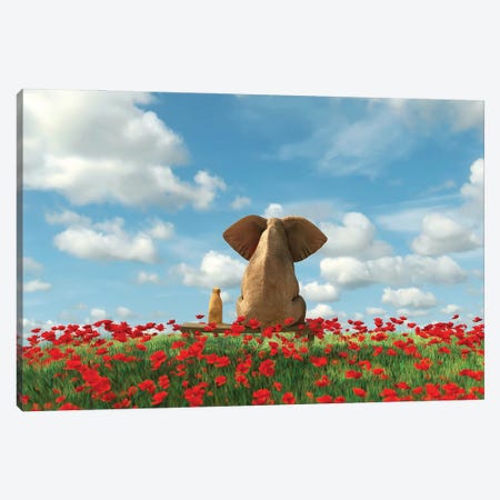 Elephant And Dog Sit On A Red Poppy Field Canvas Print #MII131} by Mike Kiev Canvas Art