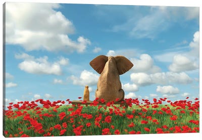 Elephant And Dog Sit On A Red Poppy Field Canvas Art Print - Elephant Art
