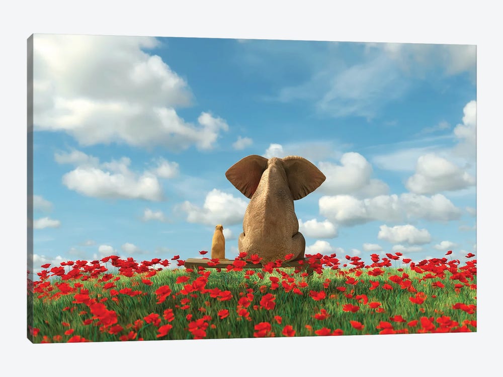 Elephant And Dog Sit On A Red Poppy Field by Mike Kiev 1-piece Art Print