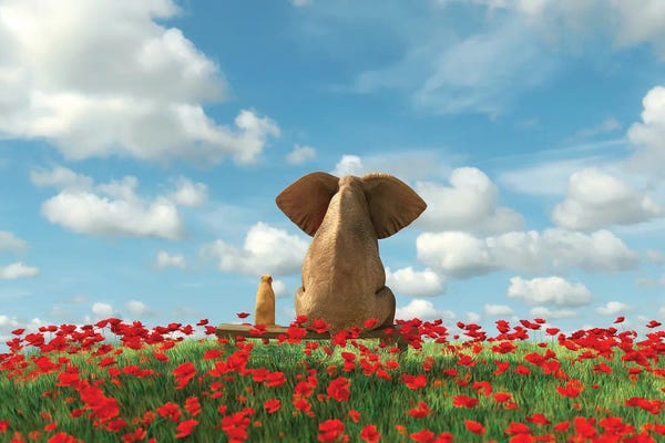 Mike Kiev: Elephant And Dog Sit On A Red Poppy Field by Mike Kiev