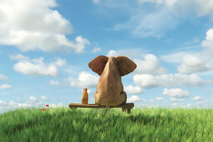 Elephant And Dog Sit On A Green Field