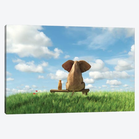 Elephant And Dog Sit On A Green Field Canvas Print #MII132} by Mike Kiev Canvas Artwork