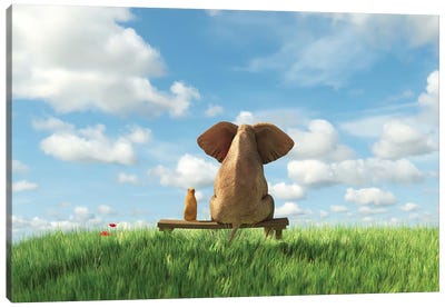 Elephant And Dog Sit On A Green Field Canvas Art Print - Mike Kiev
