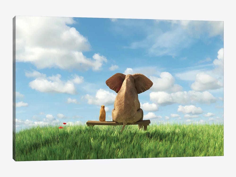 Elephant And Dog Sit On A Green Field by Mike Kiev 1-piece Canvas Wall Art