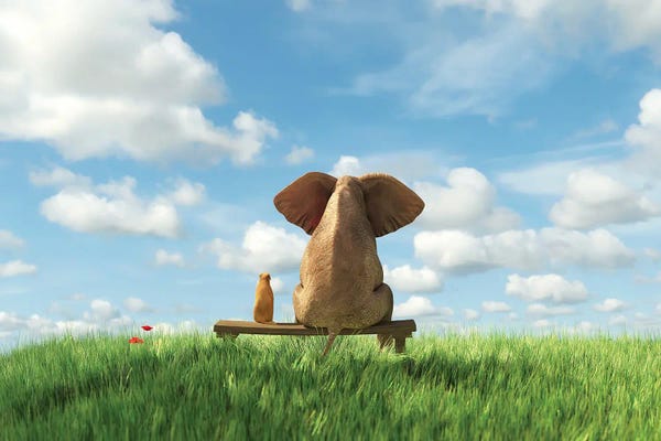 Mike Kiev: Elephant And Dog Sit On A Green Field by Mike Kiev
