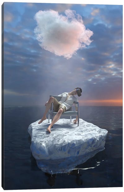 Young Man With VR Glasses Travels The Sea Canvas Art Print - Glacier & Iceberg Art