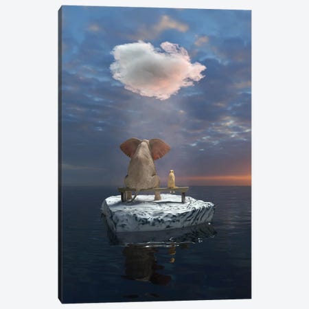 An Elephant And A Dog Travel The Sea On An Ice Floe Canvas Print #MII134} by Mike Kiev Canvas Art Print
