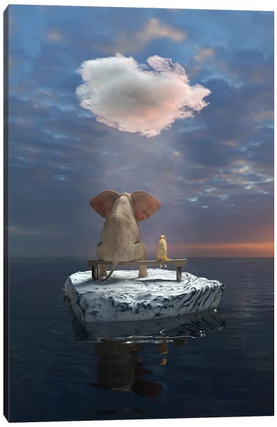 An Elephant And A Dog Travel The Sea On An Ice Floe Canvas Art Print - Mike Kiev