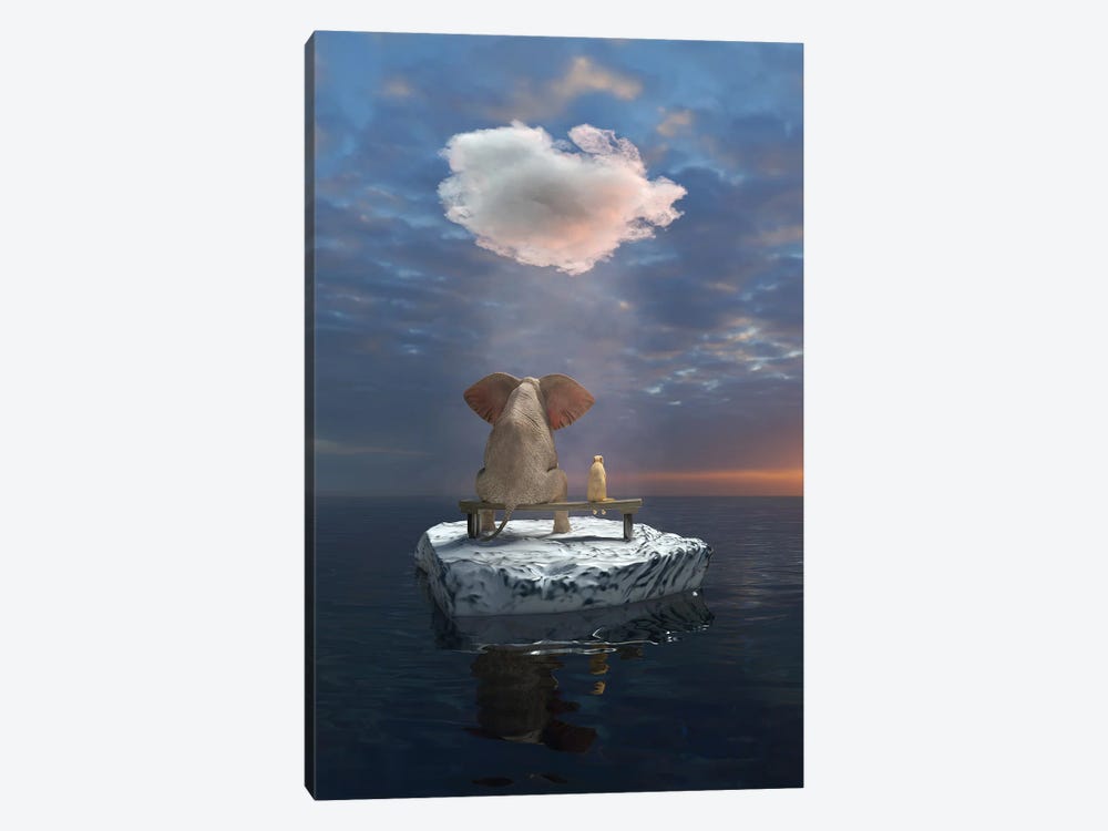 An Elephant And A Dog Travel The Sea On An Ice Floe by Mike Kiev 1-piece Canvas Artwork