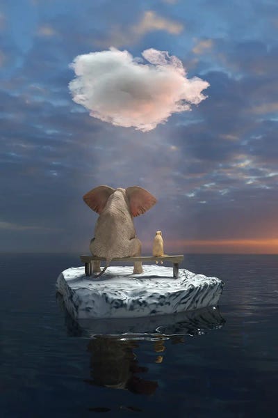 Mike Kiev: An Elephant And A Dog Travel The Sea On An Ice Floe by Mike Kiev