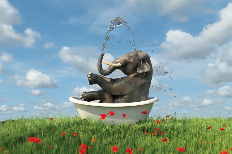 Elephant Relaxing In A Bath In The Meadow