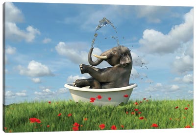 Elephant Relaxing In A Bath In The Meadow Canvas Art Print - Mike Kiev